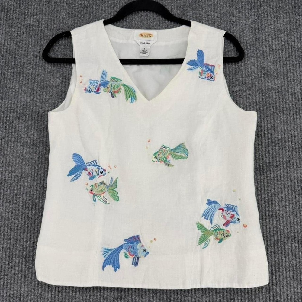 Vintage Talbots Irish linen embroidered fish tank top women's 8 medium coastal